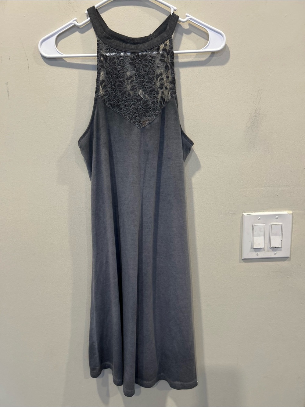 NWT Mudd Gray Halter Lace Yoke Neck Charcoal Gray Sundress Sleeveless Mini Dress